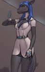  2017 absurd_res anthro belt blue_hair breasts cleavage cleavage_cutout clothed clothing digital_media_(artwork) dragon dress ear_piercing female fingerless_gloves fully_clothed gloves grey_body grey_scales hair hi_res hologram ldr piercing scales simple_background solo standing suit tyrii_ta&#039;lana white_bottomwear white_topwear yellow_eyes 