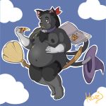  anthro blush broom cat clothing collar digital_media_(artwork) feline food fur hair hat hazeeal legwear looking_at_viewer magic_user male mammal moobs nipples one_eye_closed overweight paws pizza simple_background smile solo stockings white_fur wink witch witch_hat 