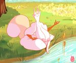  anthro big_breasts blush_sticker breasts canine eyes_closed female flower flower_in_hair fox heid&iacute;&iacute; huge_breasts inverted_nipples mammal nipples nude overweight overweight_female plant pond ryarik sitting smile solo thick_thighs water 