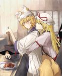  arm_strap bangs blonde_hair breasts chicken_(food) commentary_request cooking cowboy_shot dress expressionless eyes food fox_tail from_side gap hair_between_eyes hat hat_ribbon highres holding holding_spoon hug hug_from_behind indoors jiienu kitchen light_frown long_hair long_sleeves looking_at_another looking_back medium_breasts mob_cap multiple_girls multiple_tails no_pupils pillow_hat pot profile puffy_long_sleeves puffy_sleeves purple_eyes red_eyes ribbon spoon tabard tail touhou very_long_hair white_dress wide_sleeves wooden_spoon yakumo_ran yakumo_yukari yellow_eyes 