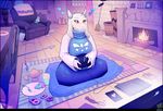  5_fingers anthro boss_monster caprine catcouch clothed clothing detailed_background female fur goat mammal red_eyes sitting smile solo toriel undertale video_games white_fur 
