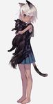  animal animal_ears bad_id bad_pixiv_id bangs bare_arms bare_legs barefoot black_cat cat cat_ears cat_tail child extra_ears from_side full_body grey_background highres holding holding_animal holding_cat looking_to_the_side original plaid plaid_skirt pointy_ears school_uniform serafuku shirt short_hair simple_background skirt sleeveless sleeveless_shirt solo standing suzukami tail tan white_hair 