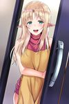  :d apron bangs bare_arms bare_shoulders blonde_hair blush commentary_request cowboy_shot elf green_eyes highres long_hair looking_at_viewer open_mouth opening_door original parted_bangs pointy_ears saemon_(tonpura) sidelocks sleeveless sleeveless_turtleneck smile solo sweater tareme turtleneck turtleneck_sweater yellow_apron 