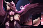  anthro breasts clothed clothing detaield_background dragon feathered_dragon feathered_wings feathers female horn magic_user night outside sile smile solo wide_hips wings xaenyth 