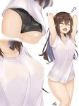  armpit_peek armpits arms_up ass bare_arms bare_legs black_panties blush brown_hair closed_eyes collarbone commentary_request covered_nipples cowboy_shot hair_between_eyes highres long_hair messy_hair multiple_views no_bra no_pants open_mouth original panties ramchi see-through shirt stretch t-shirt tears underwear white_shirt yawning 