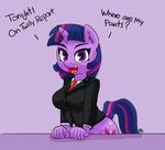  2016 anthro anthrofied bottomless clothed clothing cutie_mark dialogue english_text equine female friendship_is_magic hair horn humor looking_at_viewer mammal multicolored_hair my_little_pony open_mouth pabbley purple_background purple_eyes purple_hair raised_eyebrows simple_background solo teeth text tongue twilight_sparkle_(mlp) unicorn 
