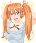  :d arms_up blue_eyes blush breasts looking_at_viewer medium_breasts mibuchi open_mouth orange_hair original sleeveless smile solo teeth twintails 
