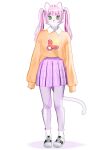  :3 anthro bottomwear catsnoot clothing domestic_cat felid feline felis female footwear fur green_eyes hair kemono long_sleeves looking_at_viewer mammal pigtails pink_body pink_fur pink_hair shoes simple_background skirt smile sneakers socks solo standing sweater topwear white_background 