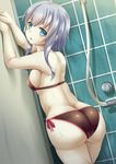  aqua_eyes arms_up ass back bangs bare_arms bare_shoulders bathroom bikini black_bikini blue_hair blush breasts butt_crack commentary_request cowboy_shot dutch_angle eyebrows_visible_through_hair from_behind hands_on_wall highres huge_ass indoors kantai_collection kirimori_toya legs_together looking_at_viewer looking_back medium_breasts pale_skin parted_lips shinkaisei-kan short_hair_with_long_locks shower_(place) side-tie_bikini sideboob solo standing swimsuit tareme tile_wall tiles trefoil wet wo-class_aircraft_carrier 