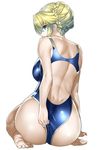 adjusting_clothes adjusting_swimsuit artoria_pendragon_(all) artoria_pendragon_(lancer) ass back blonde_hair blue_swimsuit fate/grand_order fate/stay_night fate_(series) from_behind green_eyes hair_bun looking_at_viewer looking_back muunyan_(yumenekoya) shiny shiny_skin sitting solo swimsuit wariza 