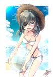  2017 beach bikini dated day eyepatch green_eyes grey_hair hat kantai_collection kiso_(kantai_collection) looking_at_viewer low_twintails open_mouth outdoors short_hair signature solo sun_hat swimsuit twintails white_bikini yuihira_asu 