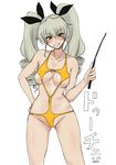  anchovy blush breasts collarbone drill_hair girls_und_panzer green_hair hair_ornament hair_ribbon large_breasts long_hair navel red_eyes ribbon riding_crop simple_background smile solo string_bikini swimsuit twintails white_background yasumon 