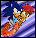  anthro blue_eyes boots breasts brown_fur carrying chadthecartoonnut chipmunk clothing duo featureless_breasts female footwear fur hair hedgehog male male/female mammal nude red_hair rescue rodent running sally_acorn sonic_(series) sonic_the_hedgehog 