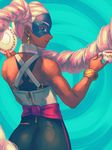  arms_(game) ass bare_shoulders bellhenge bracelet dark_skin drill_hair earrings jewelry lips long_hair looking_at_viewer mask pants pink_hair smile solo twin_drills twintails twintelle_(arms) very_long_hair 