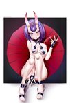  artist_name ass blush bowl breasts character_name eyebrows_visible_through_hair fate/grand_order fate_(series) highres holding holding_bowl kanachirou looking_at_viewer medium_breasts oni purple_eyes purple_hair shuten_douji_(fate/grand_order) sitting smile solo twitter_username 