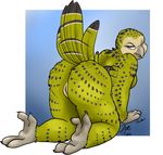  2015 4_fingers 4_toes all_fours anthro arm_tuft avian beak bedroom_eyes bent_over big_butt biped bird black_feathers black_spots black_stripes blue_background border breasts butt butt_focus claws countershade_face countershading digital_drawing_(artwork) digital_media_(artwork) digitigrade dipstick_tail eyelashes feather_tuft feathers female full-length_portrait green_feathers grey_beak grey_eyes half-closed_eyes humanoid_hands kakapo looking_at_viewer looking_back multicolored_feathers multicolored_tail non-mammal_breasts oli_snowpaw outside_border overweight overweight_female parrot portrait presenting presenting_hindquarters presenting_pussy pussy raised_tail rear_view seductive side_boob signature simple_background smile solo spots stripes tail_featers tan_countershading tan_feathers tan_stripes toes tuft white_background 