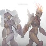  2girls breasts firestar_(transformers) glowing glowing_eyes holding_hands just_be_friends_(vocaloid) medium_breasts multiple_girls nautica parody skids_(transformers) text_focus transformers zoner 