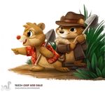  2017 anthro chip_&#039;n_dale_rescue_rangers chip_(cdrr) chipmunk clothing cryptid-creations dale_(cdrr) disney duo fedora grass hat male mammal open_mouth rodent shovel 