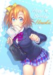  bag blue_eyes blue_skirt blush bow breast_pocket dated eyebrows_visible_through_hair food food_in_mouth hair_bow kousaka_honoka looking_at_viewer love_live! love_live!_school_idol_project mouth_hold one_side_up orange_hair otonokizaka_school_uniform pocket school_bag school_uniform short_hair short_ponytail signature skirt smile solo toast toast_in_mouth wedo yellow_bow 