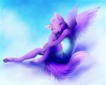  2014 anthro barefoot canine clothed clothing digitigrade dog feathered_wings feathers female fur looking_at_viewer mammal neotheta purple_eyes purple_feathers purple_fur smile wings 