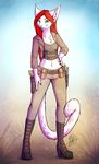  2014 5_fingers anthro breasts cat clothed clothing ear_piercing feline female fur hair heterochromia mammal midriff navel neotheta piercing red_hair simple_background smile solo white_fur 