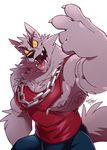  2017 anthro biceps big_eyebrows black_nose bulge canine chain_necklace claws clothed clothing exposed_nipple fangs fur grey_fur male mammal muscular muscular_male nipple_bulge nipples open_mouth pants pecs red_eyes reverse_v_sign scar shirt simple_background solo takemoto_arashi tank_top tongue tongue_out unzipped white_background wolf yellow_sclera 