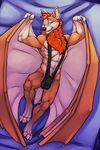  4_toes abs bed biceps black_nose bulge canine claws clothing feet fox fur green_eyes grin hair male mammal mane muscular navel orange_fur orange_hair pubes short_hair signature simple_background smile smirk solo suggestive swimsuit teeth toes tsaiwolf watermark wings 