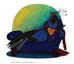  2016 4_fingers 4_toes akyte_(fancyjack) anthro arm_support avian beak bedding biped bird bird-of-paradise black_feathers blanket blue_background blue_eyes breasts chaise_longue claws cleavage clothed clothing crest crown digital_drawing_(artwork) digital_media_(artwork) digitigrade english_text eyelashes feather_tuft feathered_crest feathers female front_view full-length_portrait gradient_background green_background grey_beak grey_skin humanoid_hands leaning_on_elbow legs_together long_tail looking_at_viewer lying non-mammal_breasts on_couch orange_feathers orange_stripes pillow portrait queen queen_carola&#039;s_parotia recamier reclining robe royalty signature simple_background small_breasts smile sofa solo stripes tail_feathers talons text toes tuft watermark white_background wmdiscovery93 yellow_background 