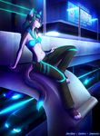  2014 4_toes barefoot blue_hair blue_nose breasts canine clothed clothing detailed_background digitigrade dog dralygonyx erinkitty hair mammal midriff navel neotheta purple_eyes toes 