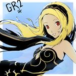  bare_shoulders blonde_hair breasts dark_skin dh_(brink_of_memories) dress gravity_daze gravity_daze_2 hairband highres kitten_(gravity_daze) leotard long_hair looking_at_viewer red_eyes scarf smile solo vambraces 