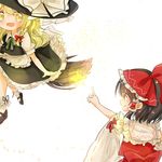  :d apron blonde_hair blush bobby_socks bow braid brown_eyes brown_hair detached_sleeves frilled_shirt_collar frilled_skirt frills hair_bow hair_ribbon hair_tubes hakurei_reimu hat kirisame_marisa kosencha large_bow long_hair magic mary_janes multiple_girls open_mouth pointing puffy_short_sleeves puffy_sleeves ribbon ribbon-trimmed_sleeves ribbon_trim shoes short_sleeves side_braid single_braid skirt skirt_set smile socks star touhou waist_apron wide_sleeves witch_hat yellow_eyes 