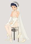  1boy androgynous artist_request black_hair blush crossdressing dress gloves high_heels nipples short_hair sitting solo thighhighs veil wedding_dress white_clothes 