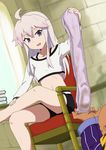  1girl ahoge crossed_legs dark_skin dark_skinned_male dirty_socks gobanme_no_mayoi_neko highres legwear_removed midriff official_style pink_legwear purple_eyes shorts sitting thighhighs_removed white_hair zero_(zero_kara_hajimeru_mahou_no_sho) zero_kara_hajimeru_mahou_no_sho 