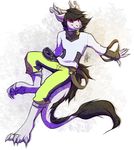  2014 4_toes 5_fingers anthro barefoot black_hair clothed clothing digitigrade dragon hair horn male neotheta red_eyes simple_background smile solo toes white_background 