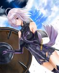  ahoge armor blush breasts eyebrows_visible_through_hair fate/grand_order fate_(series) hair_over_one_eye highres holding_shield large_breasts looking_at_viewer mash_kyrielight nikek96 parted_lips purple_eyes purple_hair shield short_hair solo sword weapon 