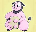  2017 blue_eyes bovine cattle female feral fur hand_on_hip hooves horn mammal miltank nintendo nude pink_fur pok&eacute;mon shoutingisfun simple_background smile solo standing teats udders video_games yellow_background 