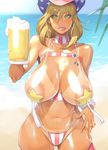  alcohol areola_slip areolae beach beer beer_mug bikini_tan blonde_hair blush breasts cleavage copyright_request cowboy_hat cup day green_eyes hat highres holding holding_cup huge_breasts kotoyoshi_yumisuke long_hair navel outdoors pasties smile solo star_pasties tan tanline thighhighs 