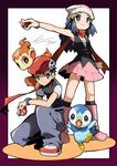  1girl arm_rest beanie black_hair boots cabbie_hat chimchar dress gen_4_pokemon hat hikari_(pokemon) io_naomichi kouki_(pokemon) one_knee pink_footwear piplup poke_ball poke_ball_(generic) pokemon pokemon_(creature) pokemon_(game) pokemon_dppt scarf short_dress short_sleeves standing 