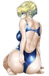  adjusting_clothes adjusting_swimsuit artoria_pendragon_(all) artoria_pendragon_(lancer) ass back barefoot blonde_hair blue_swimsuit dimples_of_venus fate/grand_order fate/stay_night fate_(series) from_behind green_eyes hair_bun looking_at_viewer looking_back muunyan_(yumenekoya) plantar_flexion shiny shiny_skin simple_background sitting solo swimsuit wariza white_background 