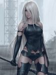  black_dress breasts day dress gloves highres long_hair md5_mismatch medium_breasts mole mole_under_mouth nier_(series) nier_automata outdoors realistic sciamano240 solo standing white_hair yorha_type_a_no._2 