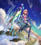  above_clouds armor bangs blonde_hair blue_sky buttons cloud crescent_moon crop_top eyebrows_visible_through_hair floating floating_object flying gradient_sky headgear highres horizon lake landscape looking_at_viewer mecha_musume mechanical_arms mechanical_parts midriff moon mountain navel night night_sky original outstretched_arms purple_eyes river shooting_star short_hair sky smile solo star_(sky) sunga2usagi 