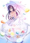  1girl blue_eyes breasts candy cup dress female food goma_(11zihisin) long_hair original print smile solo spotted sweets umbrella 