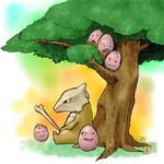  :o ;d ^_^ artist_request bone club exeggcute marowak nintendo no_humans outdoors pokemon pokemon_(creature) red_eyes sexually_suggestive sitting tree weapon wink 