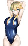  aqua_eyes armpits arms_up artoria_pendragon_(all) artoria_pendragon_(lancer) blonde_hair breasts fate/grand_order fate_(series) highres hips large_breasts light_smile long_hair muunyan_(yumenekoya) sideboob simple_background smile solo thighs white_background 
