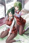  adapted_costume adjusting_another's_hair ascot bangs bed blush bob_cut breasts chest_of_drawers collared_shirt constricted_pupils cosplay embarrassed eyebrows_visible_through_hair green_hair indoors kazami_yuuka kazami_yuuka_(cosplay) kneeling long_hair long_ponytail long_sleeves looking_at_another looking_down medium_breasts mima miniskirt multiple_girls pantyhose parted_bangs plaid plaid_skirt plaid_vest ponytail red_eyes red_skirt red_vest shirt short_hair sitting skirt skirt_set smile socks socks_over_pantyhose thighs touhou touhou_(pc-98) vest wariza white_legwear white_shirt yohane 