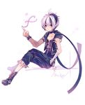  asymmetrical_sleeves boots character_name choker commentary flower flower_(vocaloid) full_body genderswap genderswap_(ftm) hand_in_pocket invisible_chair male_focus miwasiba multicolored_hair purple_eyes simple_background sitting solo vocaloid white_background 