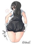  bangs black_hair black_skirt blush cowboy_shot cropped_legs ebifurya eyebrows_visible_through_hair from_behind gloves hair_ornament hairclip highres kantai_collection long_hair looking_at_viewer looking_back oyashio_(kantai_collection) panties panty_pull pleated_skirt profile pulled_by_self short_sleeves simple_background skirt sleeveless solo spoken_blush thigh_gap twitter_username underwear white_background white_gloves yellow_eyes 