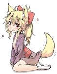  :d animal_ears blonde_hair bow breasts commentary_request fox_ears fox_tail hair_bow heart japanese_clothes kimono looking_at_viewer natsu_no_koucha obi open_mouth original ponytail sash short_kimono sidelocks simple_background sitting sketch small_breasts smile tail white_background 