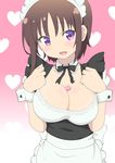  blush breasts brown_hair cleavage gobanme_no_mayoi_neko hagino_chiaki heart highres hinako_note large_breasts looking_at_viewer maid maid_headdress no_bra open_mouth purple_eyes short_hair smile solo 