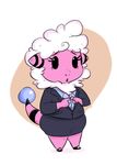  2017 4_fingers anthro black_eyes caprine clothed clothing cute female flaaffy formal fur horn low_res mammal nervous nintendo open_mouth pink_fur pok&eacute;mon sheep shoutingisfun simple_background skirt solo suit video_games white_fur wool 